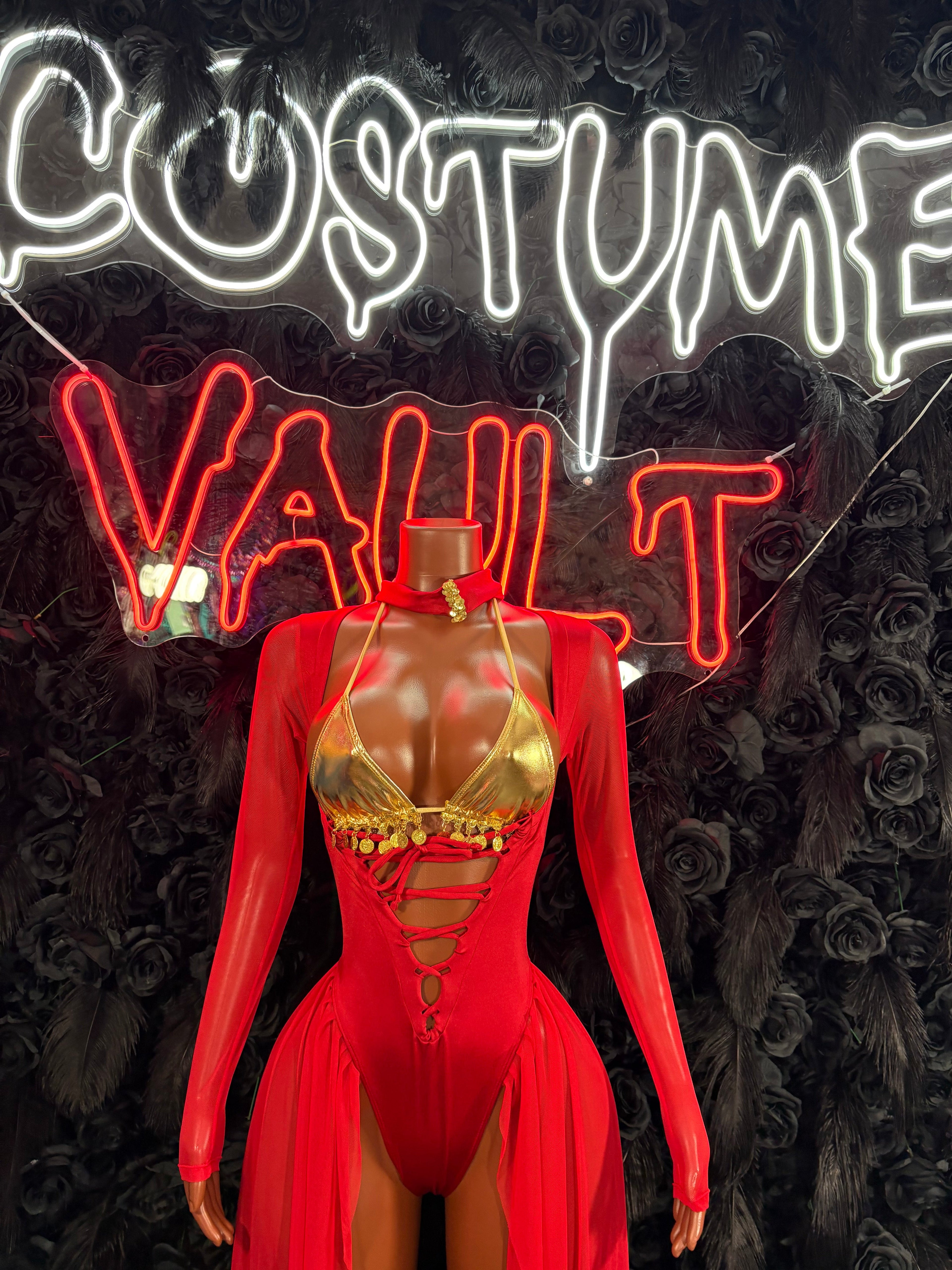 Red and gold royal dancer inspired adult Halloween cosplay costume front view - Costume Vault