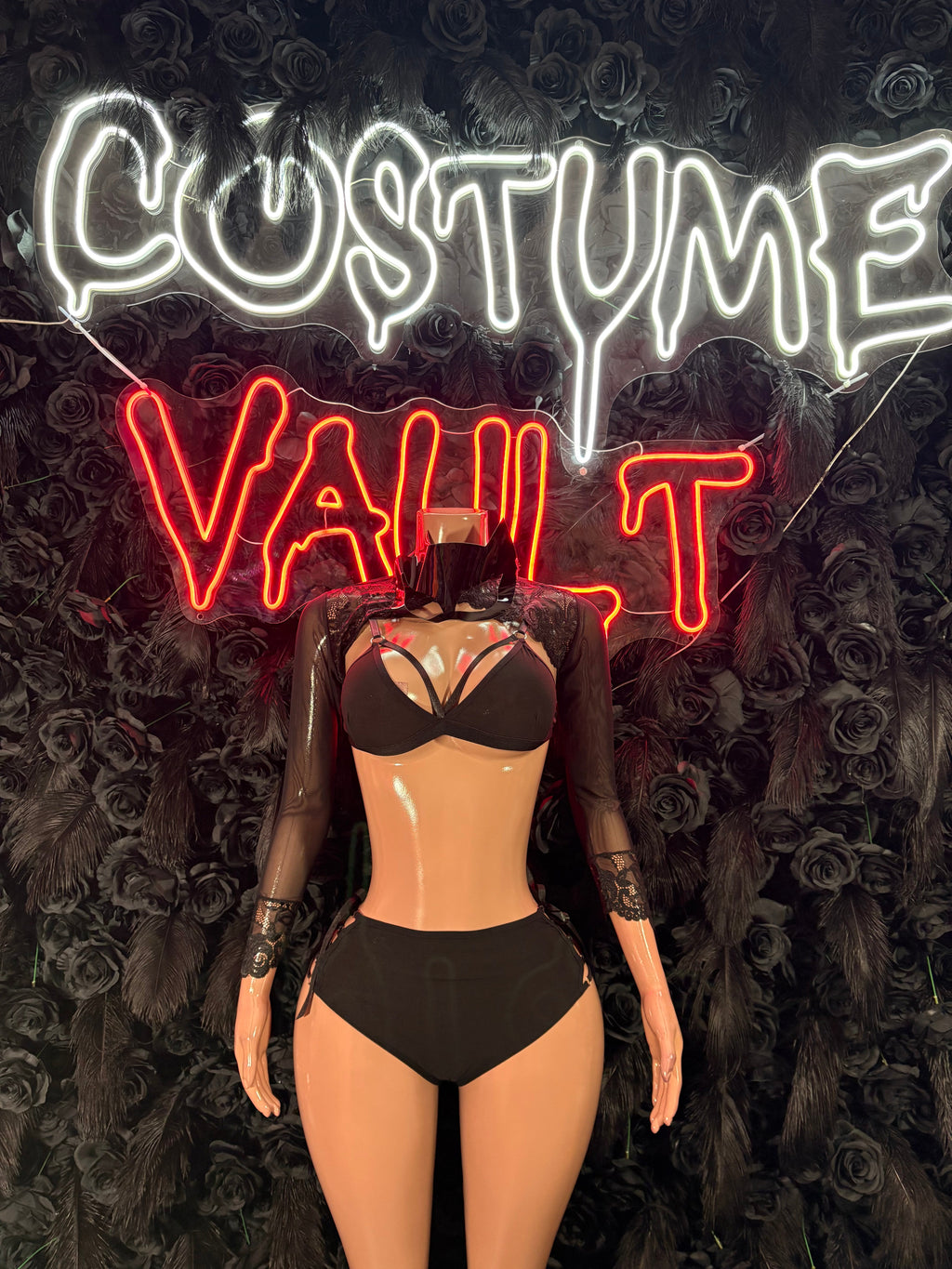 Black Sheer Sleeve Lingerie Costume Set women's adult Halloween costume back view - Costume Vault