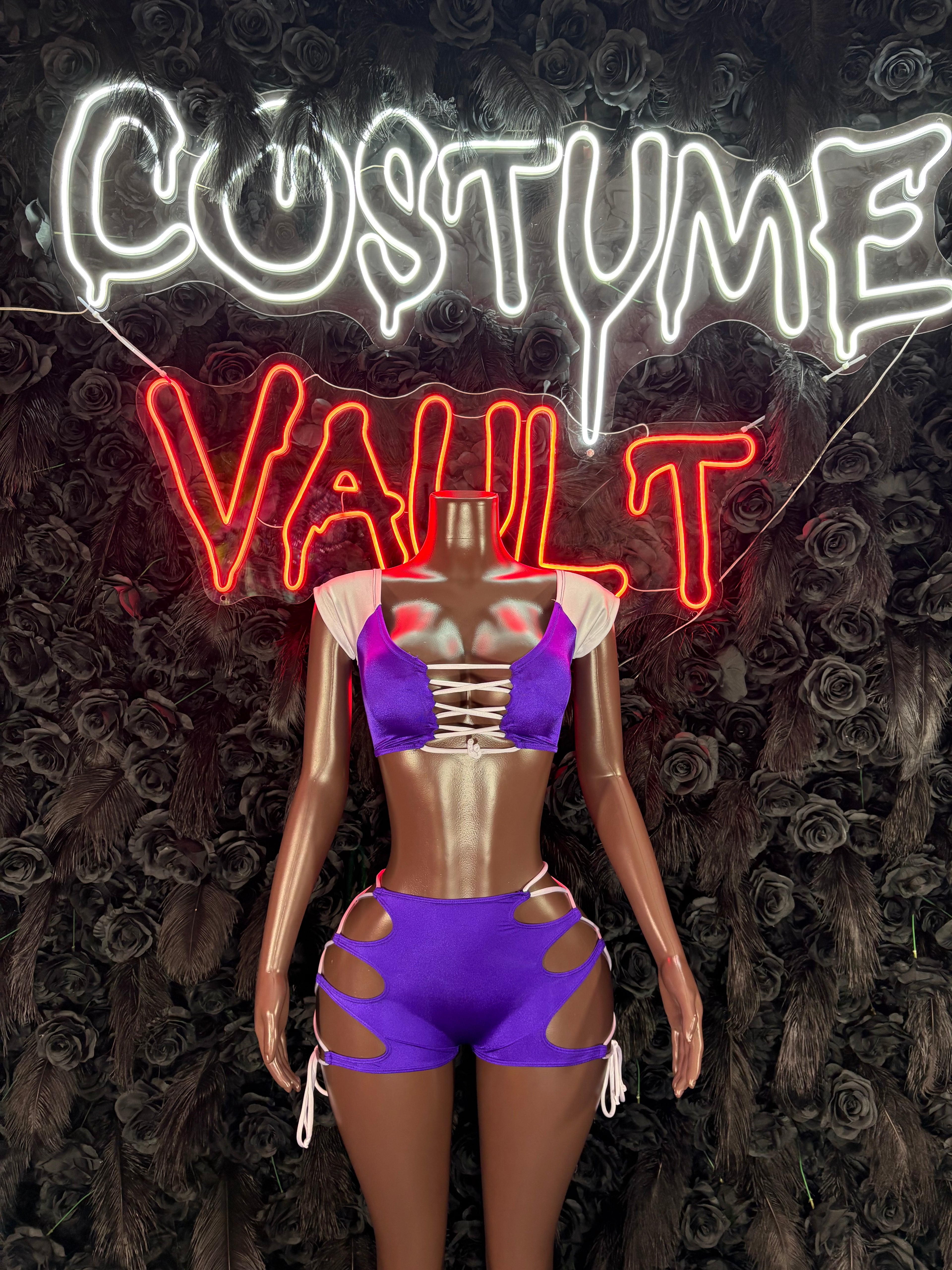 Football Player Costume Purple and White Bartender Bottlegirl Bodysuit Dress up Halloween Costume