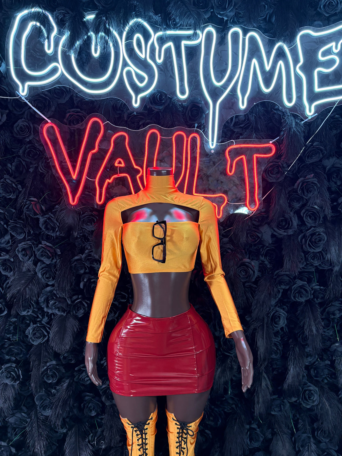 Graphic Comic Hero Bodysuit and Mini Skirt Costume women's adult Halloween costume front view - Costume Vault