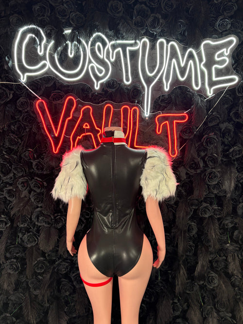 Black Angel Bodysuit Costume with White Wings women's adult Halloween costume back view - Costume Vault