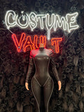 Black Faux Leather Zip Front Catsuit Costume women's adult Halloween costume front view - Costume Vault