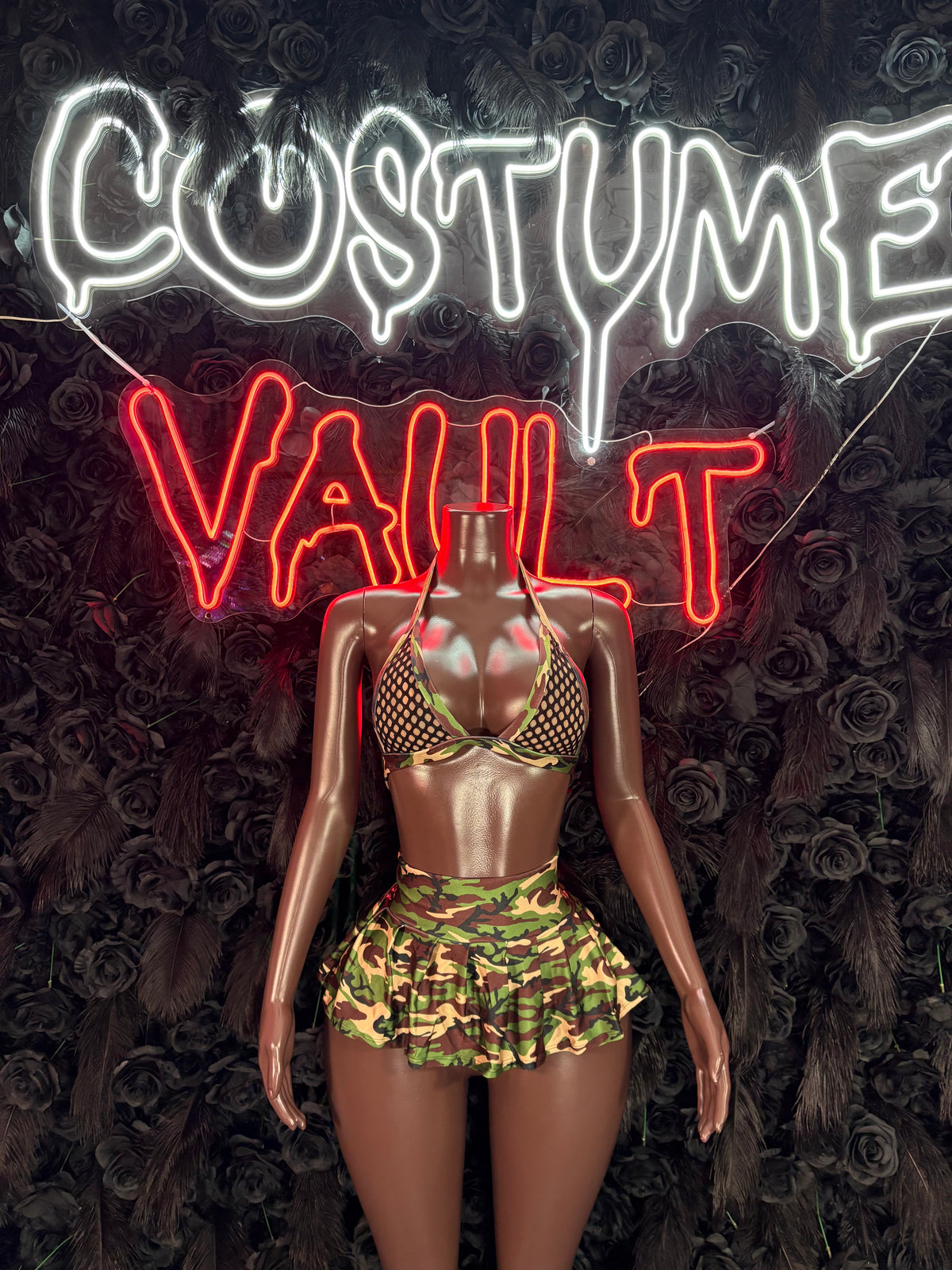 Camouflage Military Crop Top and Shorts Costume women's adult Halloween costume front view - Costume Vault