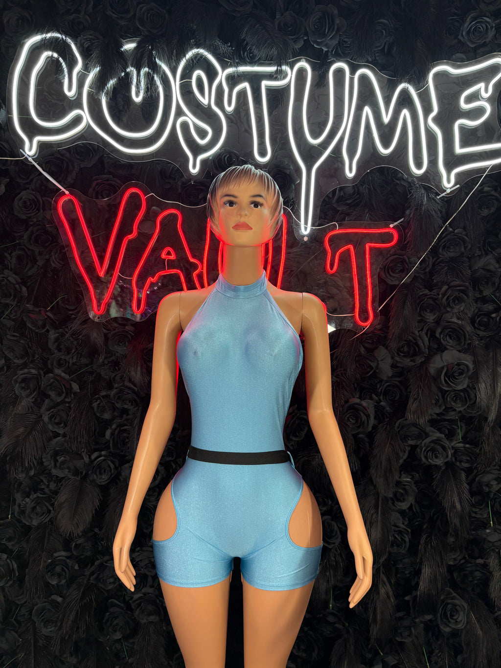 Ice blue futuristic cutout romper adult cosplay costume front view - Costume Vault