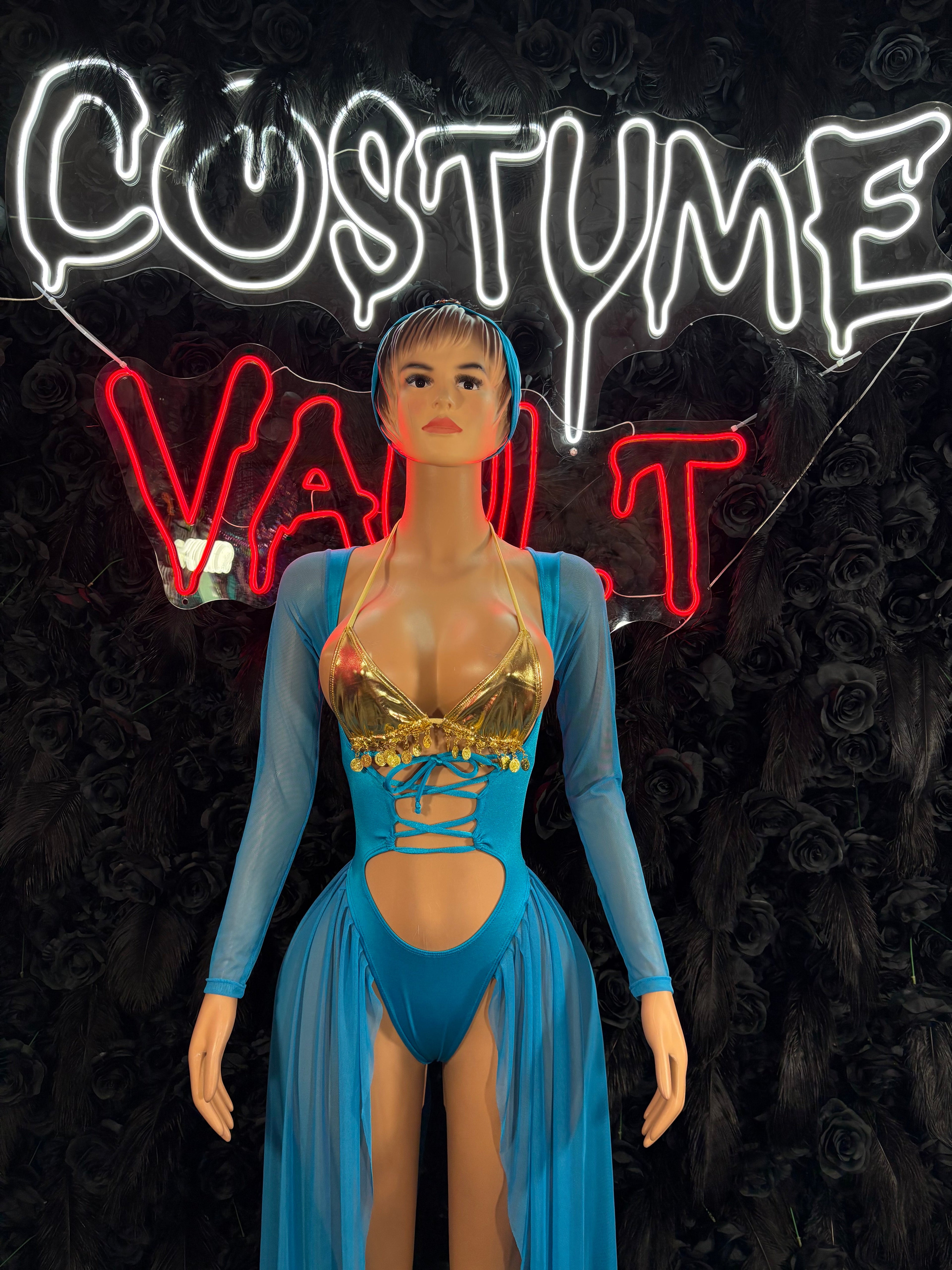 Blue and gold fantasy princess inspired adult cosplay costume front view - Costume Vault