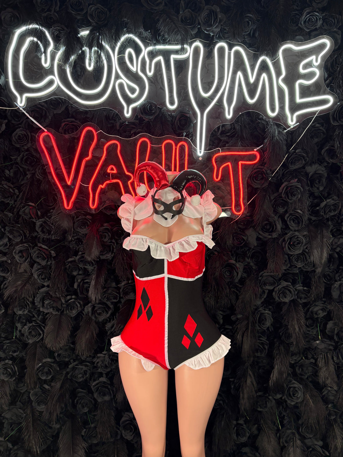 Red Black Card Queen Bodysuit Costume women's adult Halloween costume back view - Costume Vault
