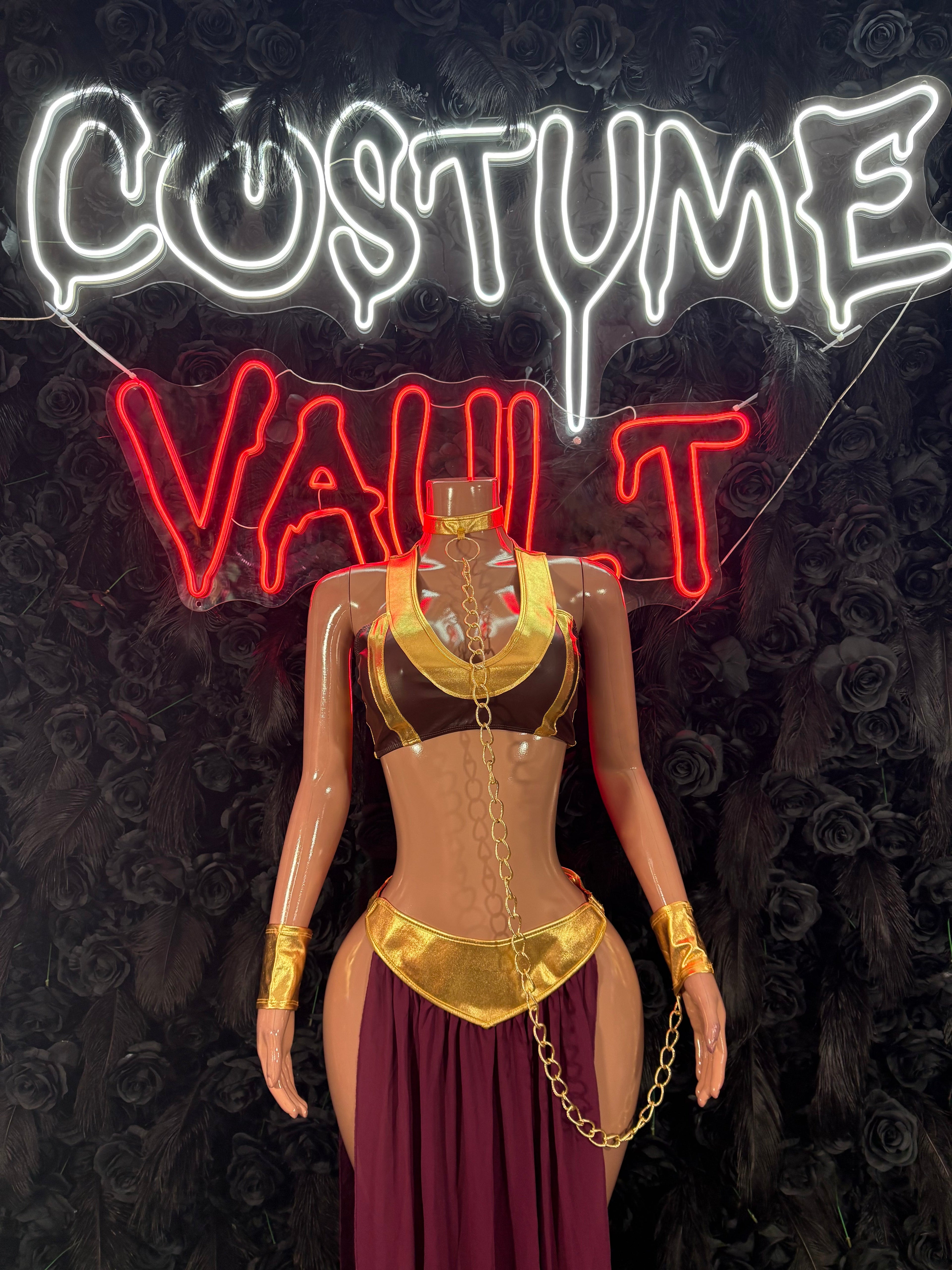 Brown and gold warrior dancer inspired adult cosplay costume front view - Costume Vault