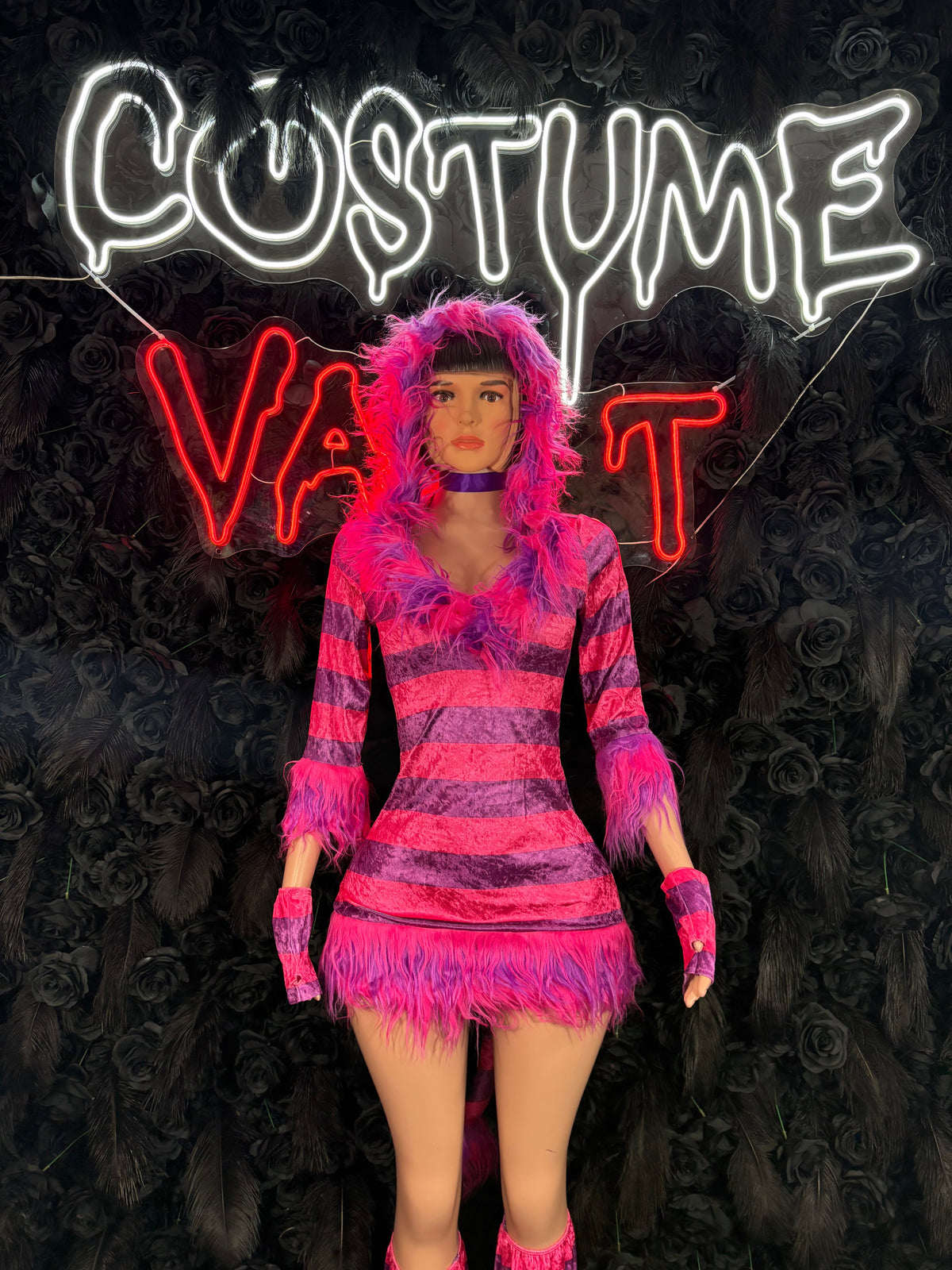 Pink Striped Feline Mini Dress Costume women's adult Halloween costume back view - Costume Vault