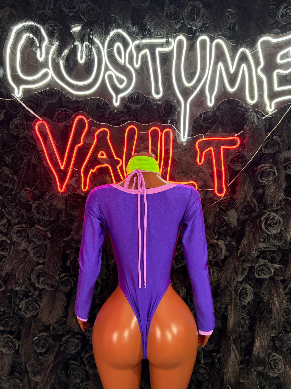 Retro Mystery Girl Bottlegirl Bodysuit – Purple Pink Halloween Costume & Clubwear