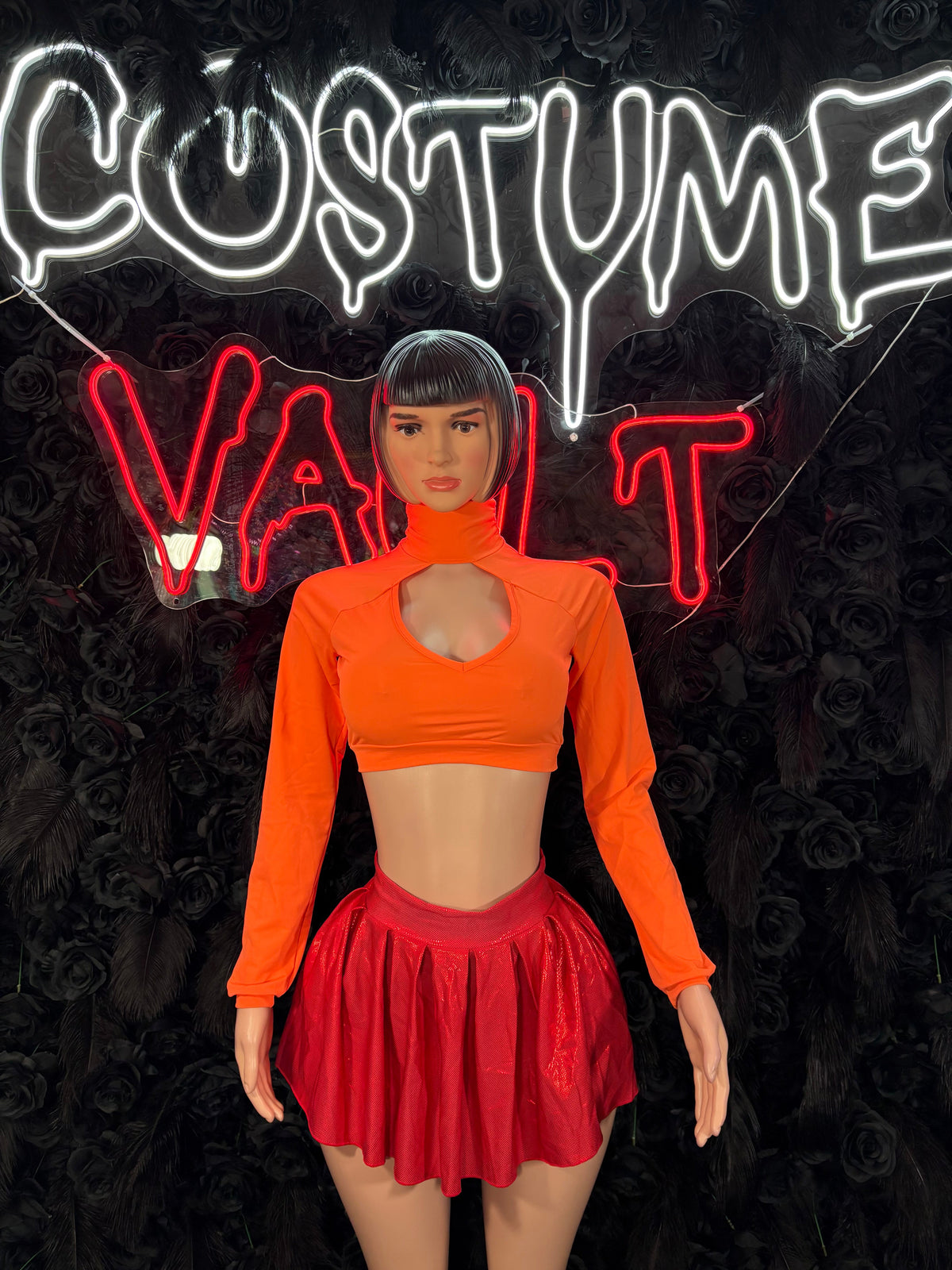 Orange Crop Top and Red Pleated Skirt Costume Set women's adult Halloween costume front view - Costume Vault