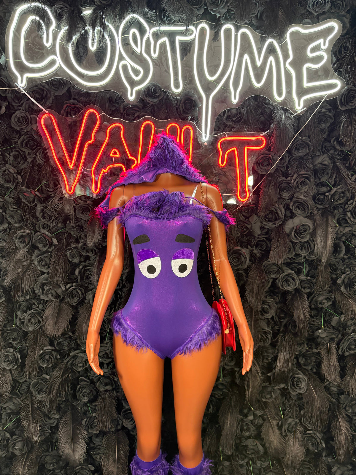 Purple Fuzzy Character-Inspired Bodysuit Costume - Hooded One Piece Set front view - Costume Vault