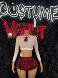 Red Plaid Schoolgirl Costume Set - White Mesh Crop Top & Pleated Mini Skirt front view - Costume Vault