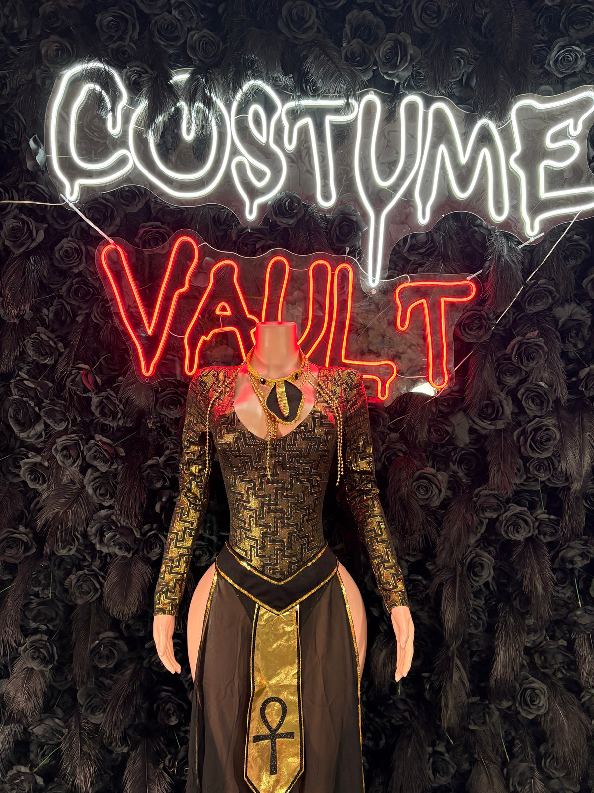 Black Gold Egyptian Goddess Bodysuit Costume women's adult Halloween costume front view - Costume Vault
