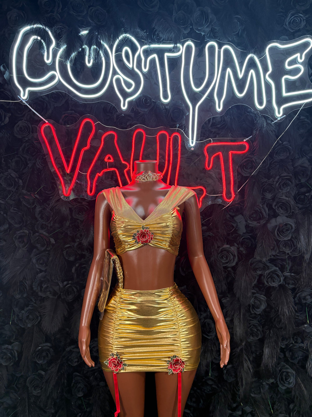 Metallic Gold Rose Costume Set - Crop Top & Ruched Mini Skirt front view - Costume Vault