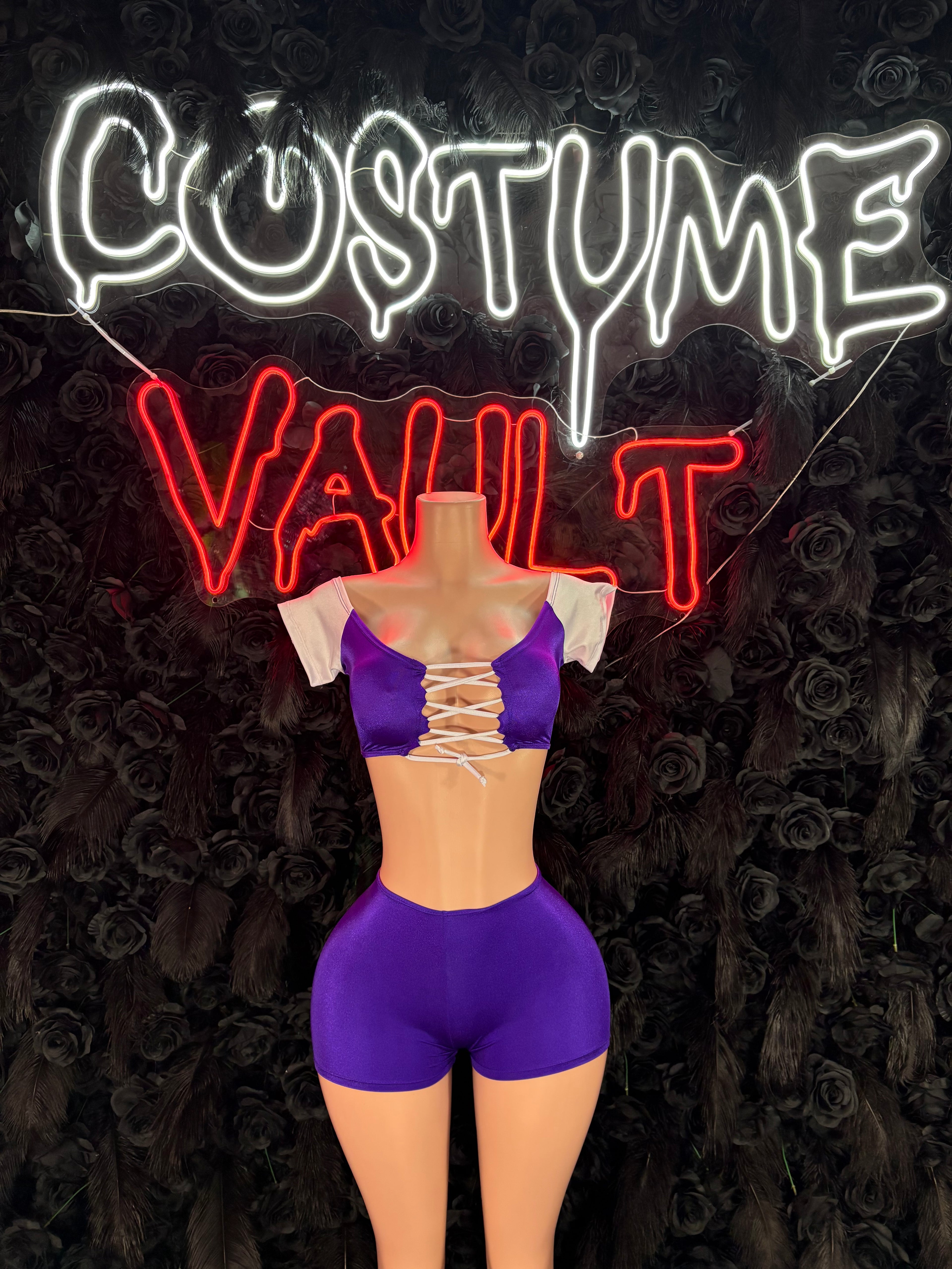 Football Player Costume Purple and White Bartender Bottlegirl Bodysuit Dress up Halloween Costume