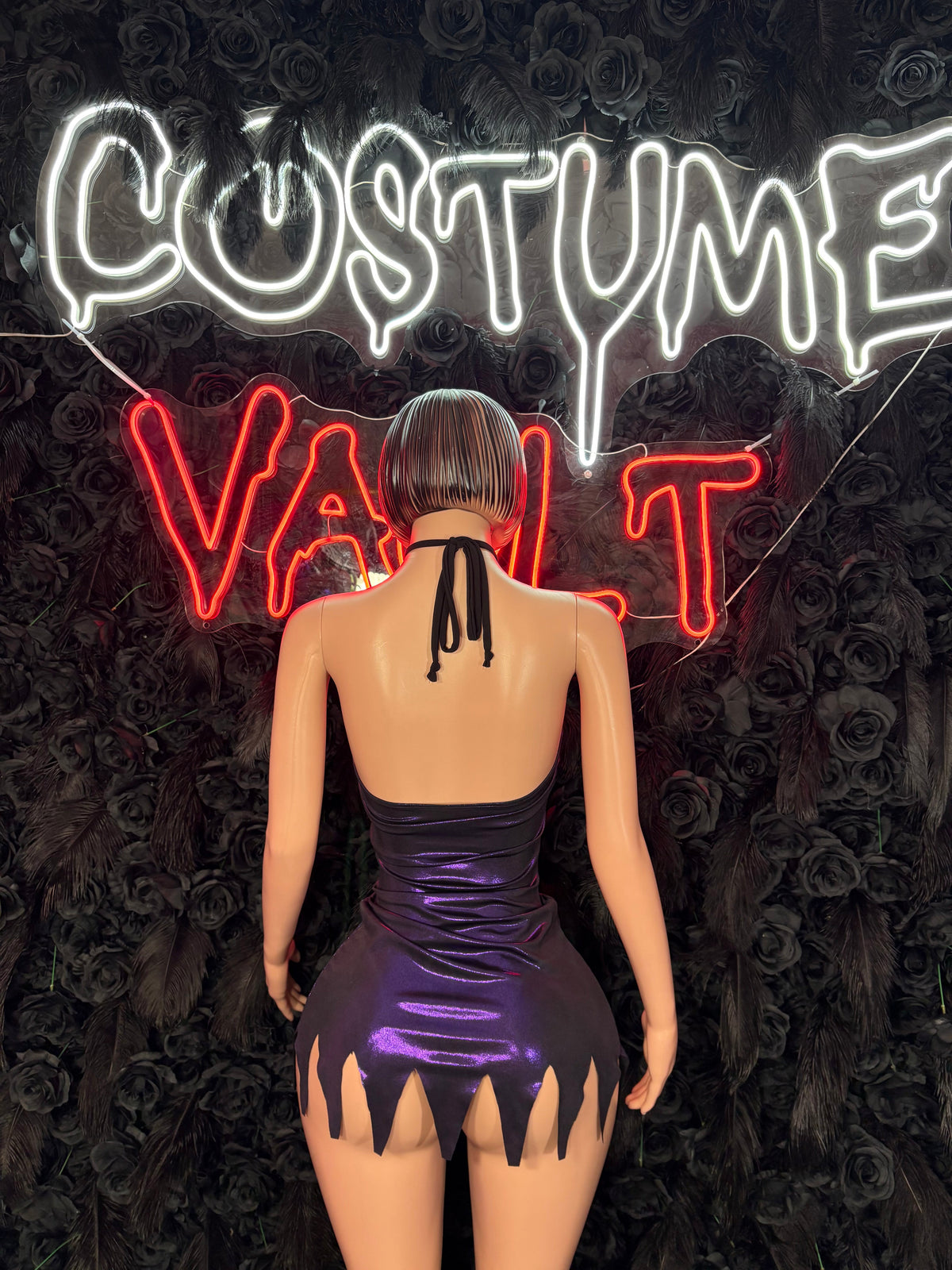 Purple black gothic mini dress adult Halloween cosplay costume back view - Costume Vault