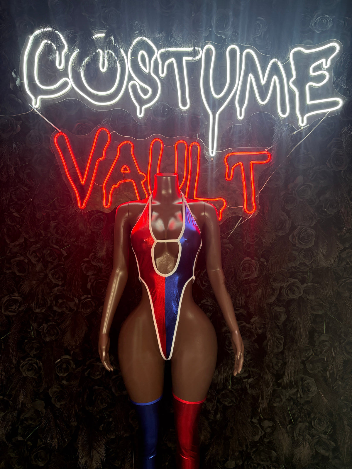 Red White Blue Superhero Bodysuit Costume women's adult Halloween costume front view - Costume Vault